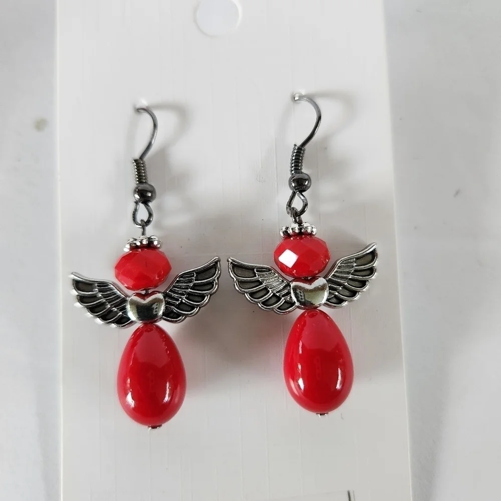Hand Crafted Angel Earrings Red Silver Pierced Ears